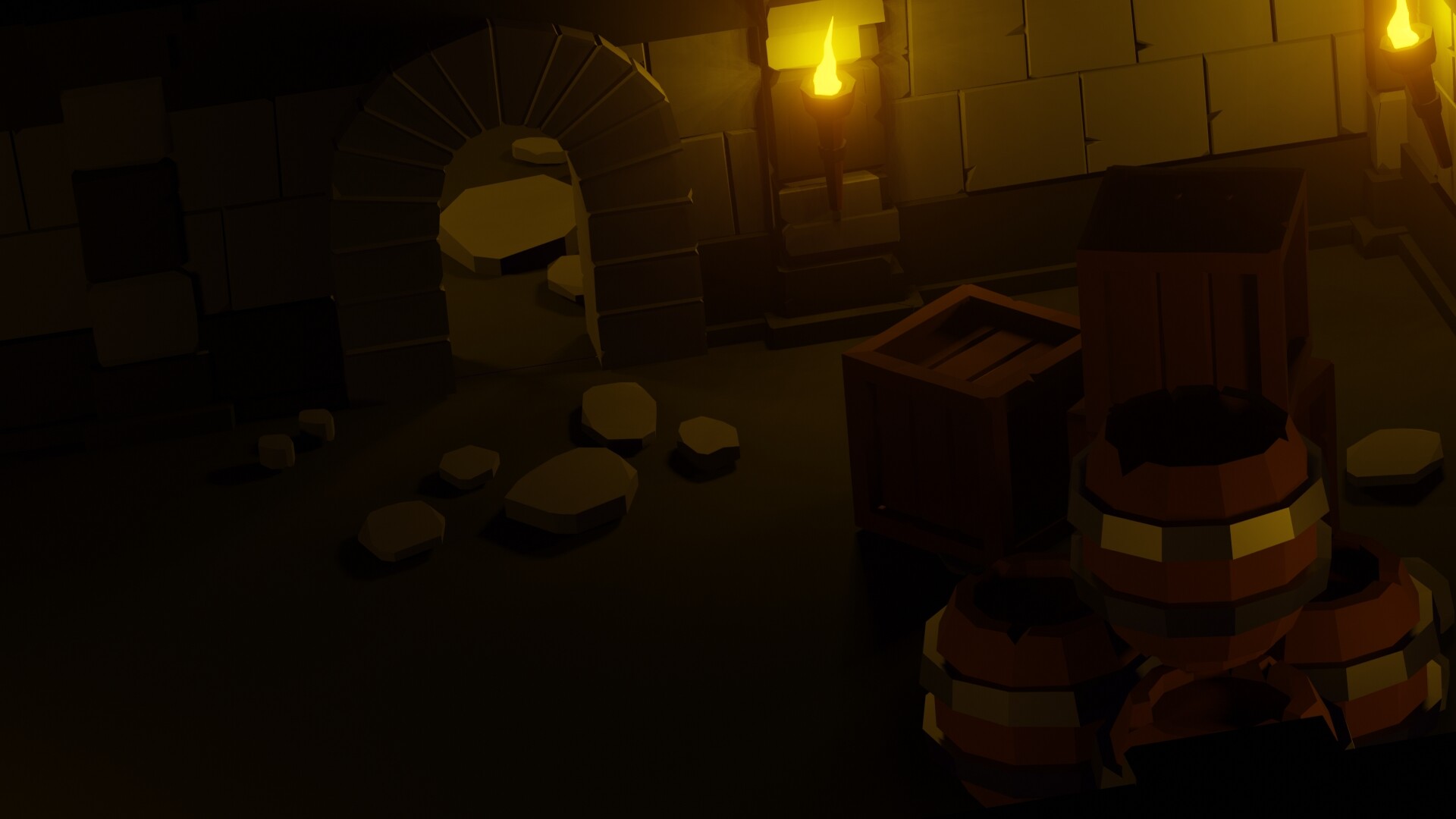 Trójwymiarowy model w stylu low-poly przedstawiający lochy.