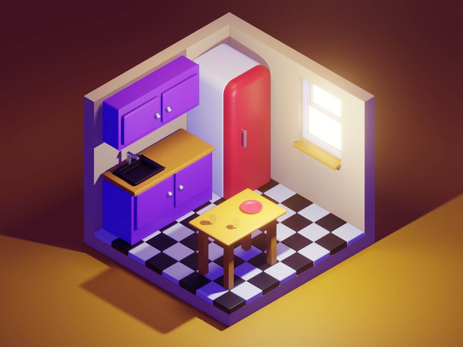 Trójwymiarowy model w stylu low-poly przedstawiający retro kuchnię.