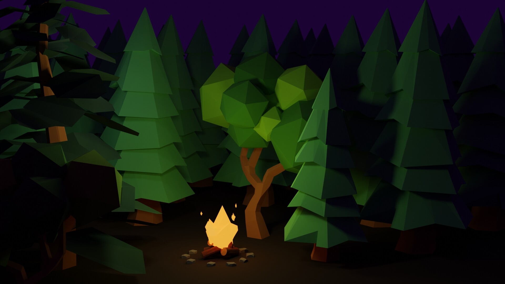 Trójwymiarowy model w stylu low-poly przedstawiający leśną scenę z ogniskiem.